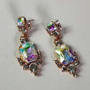 Elegant Gold with AB Emerald Cut Crystal Stones New